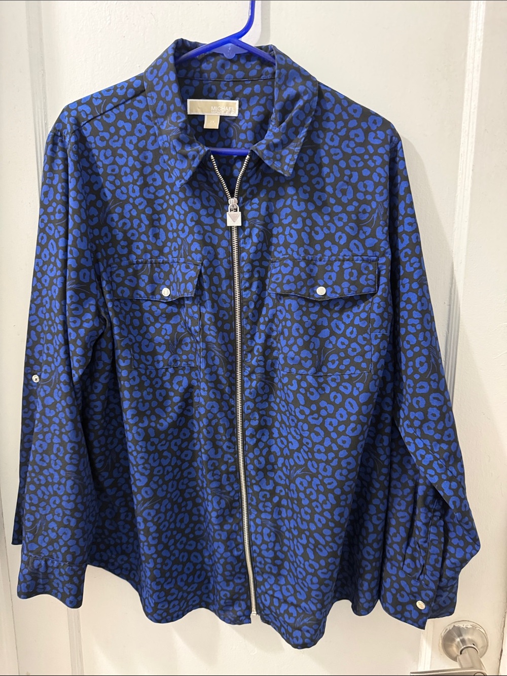 Michael Kors Blue and Black Leopard Zip-Front Blouse